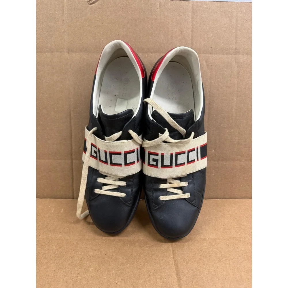 Gucci Ace Stripe Black Leather Low Top Sneakers 523469 0FIV0 1076 Size 13 US